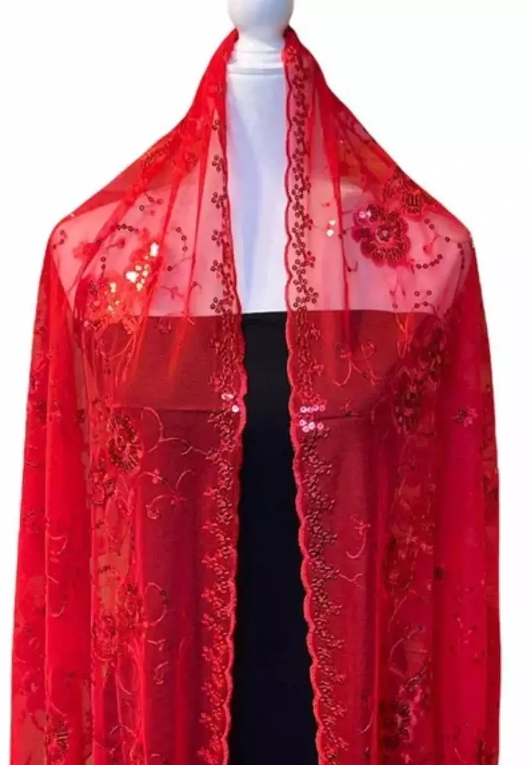 Aksesoris Wanita Small Flower Sequinn Lace Fringed Evening Shawl Syal Pesta Wanita Red