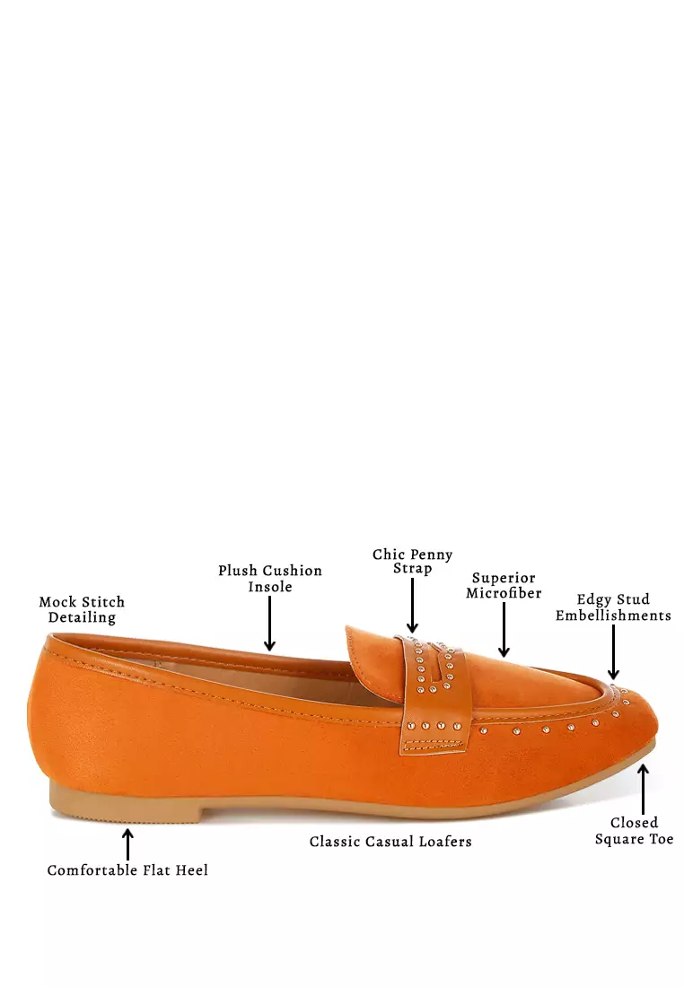 Penny Strap Studded Loafers In Tan