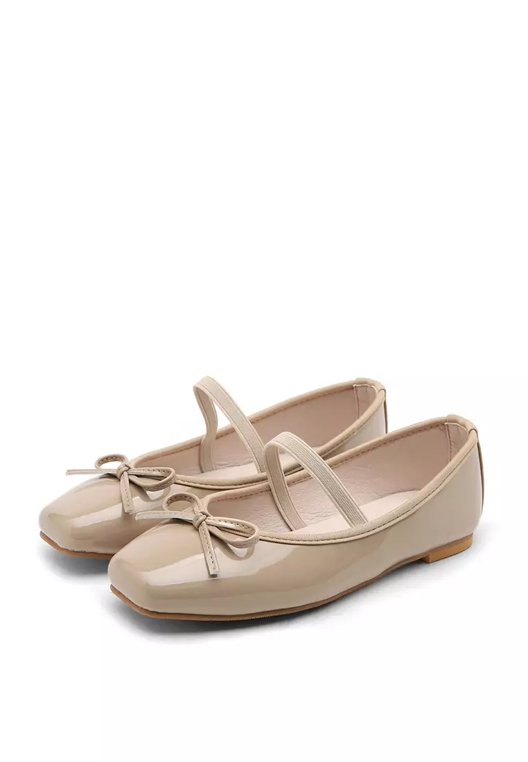 Erino Enamel Ribbon Maryjane Flats (1cm) - Beige