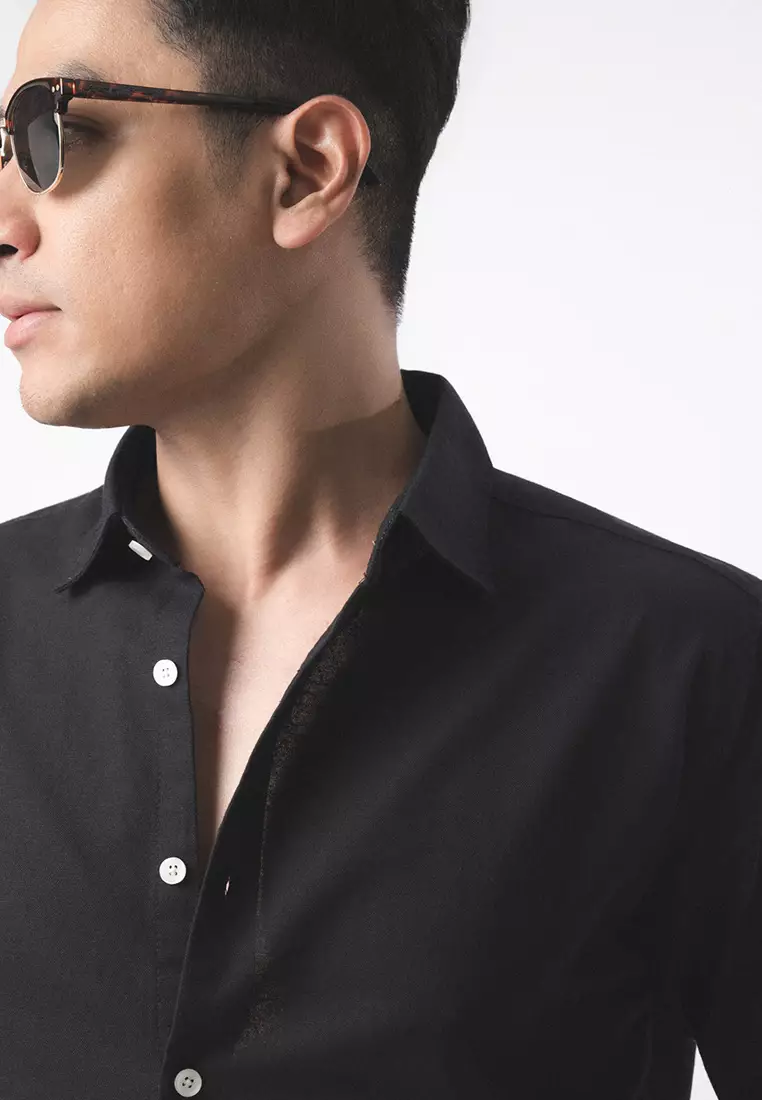 Linen Blend Slim Fit Shirt - Black LS
