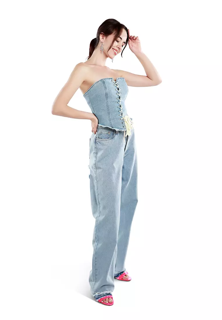Light Blue Lace Up Denim Corset Top