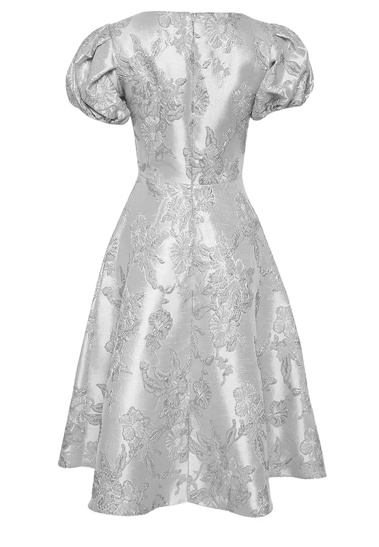Silver A-Line Jacquard Woven Midi Chic Dress