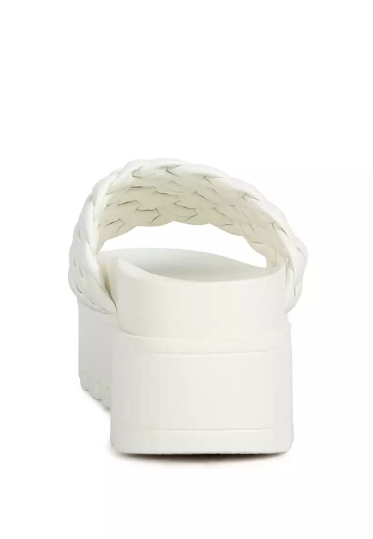 Platform Slides with Woven Textured Straps in White