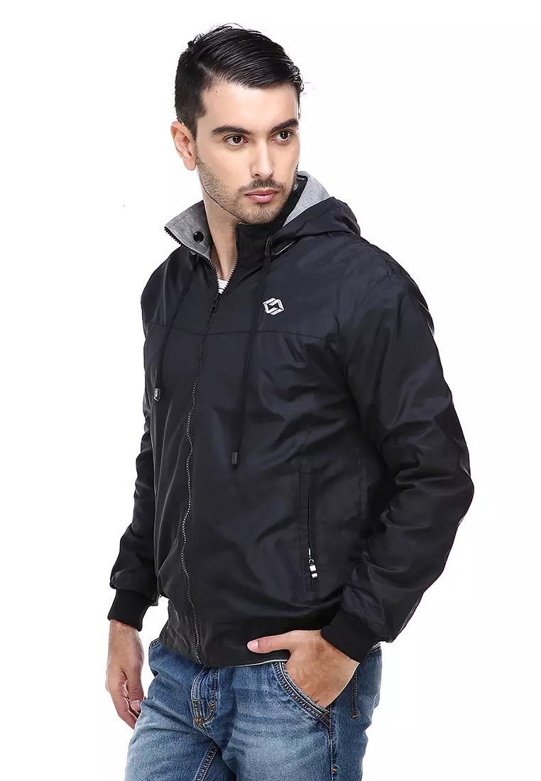 Clover Jaket Parasut Hoodie Pria 2 IN 1 Casual Jacket Two Tone Material Despo Parka Fleece ORIGINAL - Black Gray