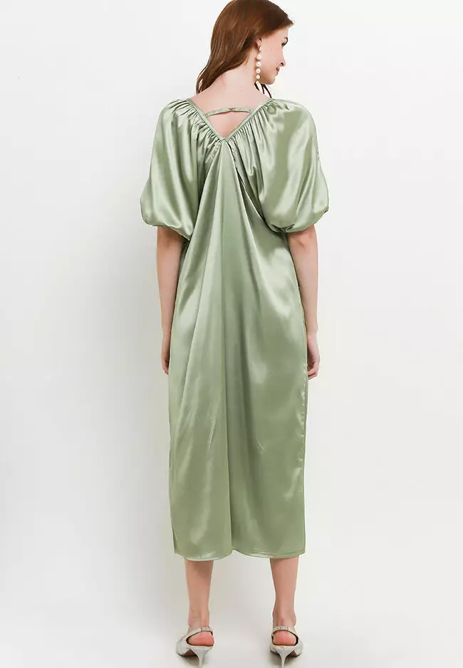 Jual Icons Deep V Neck Cross Back Silky Puff Sleeve Dress Original