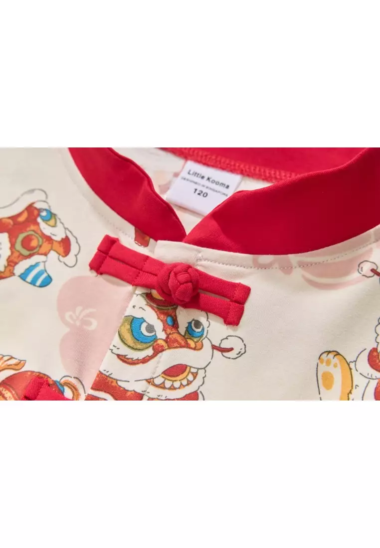 現貨 新加坡農曆新年白色醒獅主題嬰幼兒男孩唐裝上衣配短褲套裝