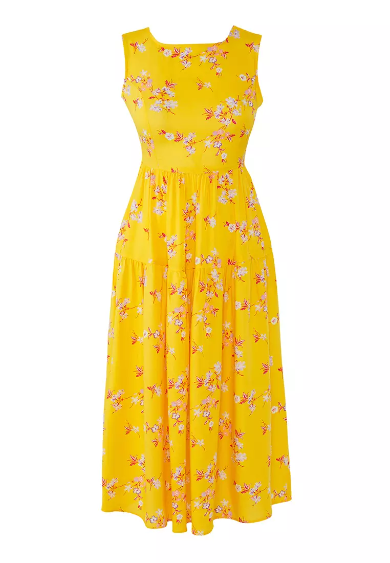 Yellow Floral Cut Out / Flounce Midi Woven Dress TWOSS21EL0709