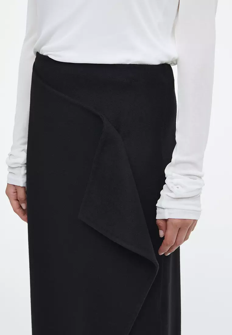 Fringed Wool Midi Wrap Skirt