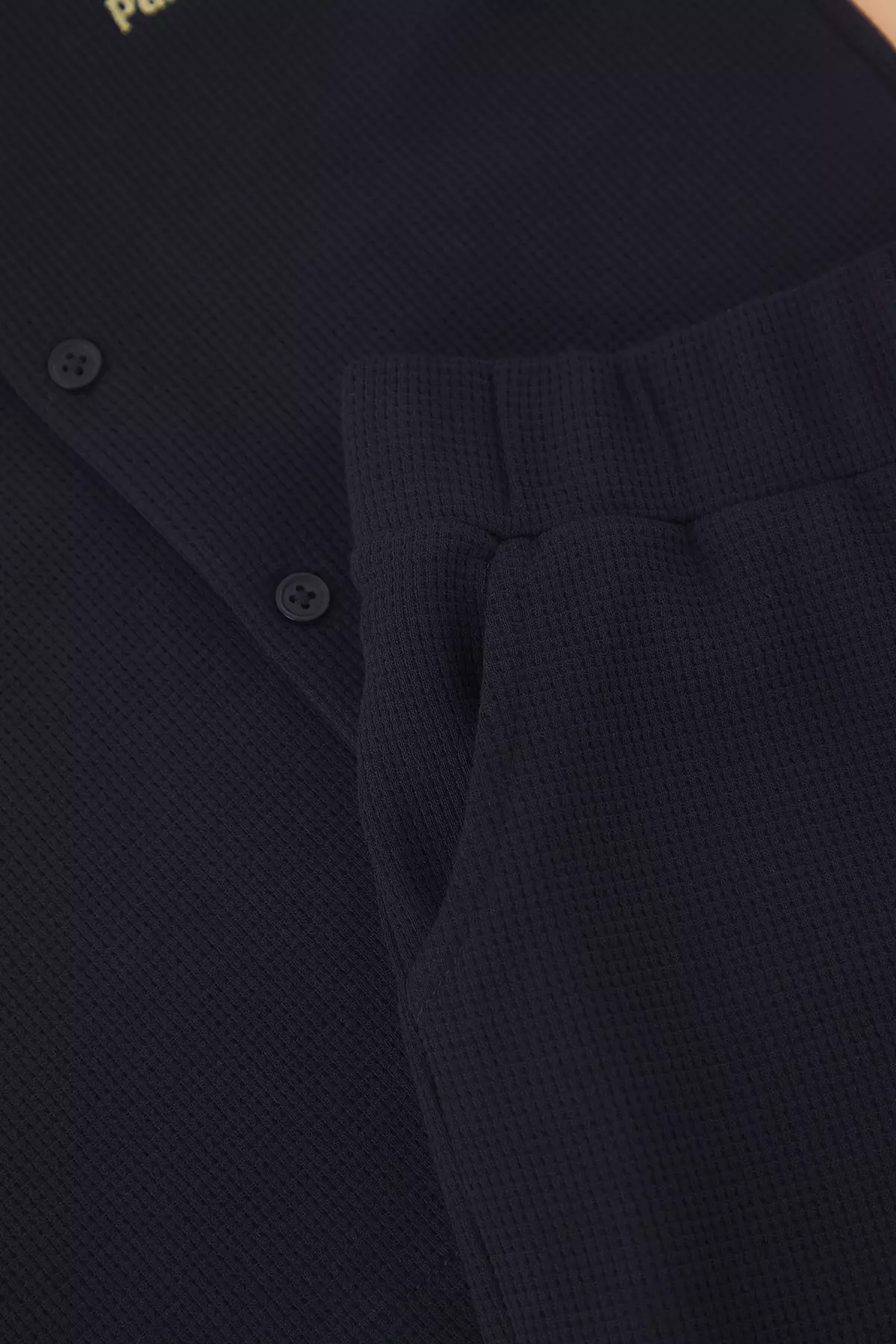 Navy Blue Boy 100% Cotton Embroidered Shirt-Shorts Textured Knitted Bottom-Top Set