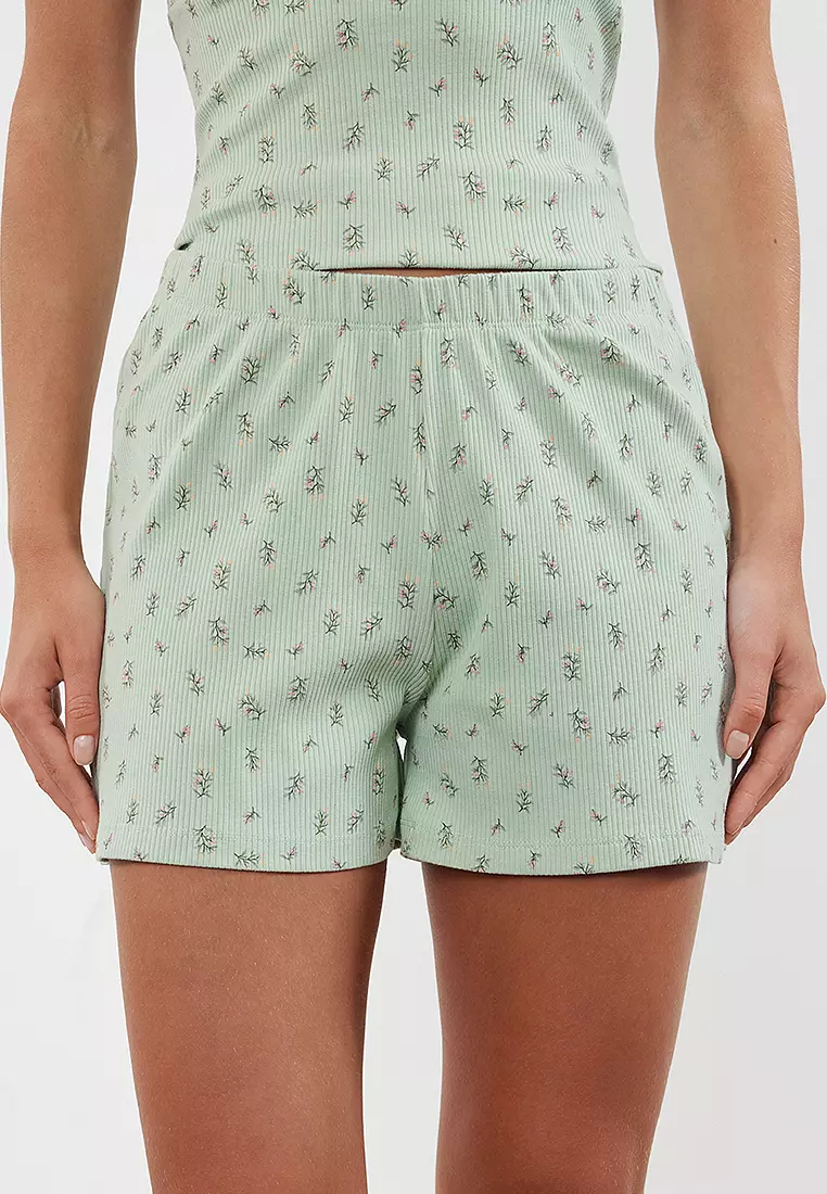 Mint Floral Lace Rope Strap Ribbed Shorts Knitted Pajama Set