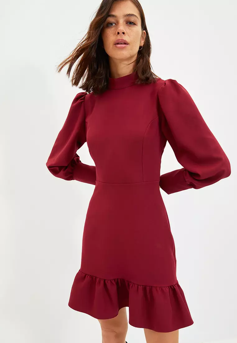 Red ruffle dress long on sale sleeve