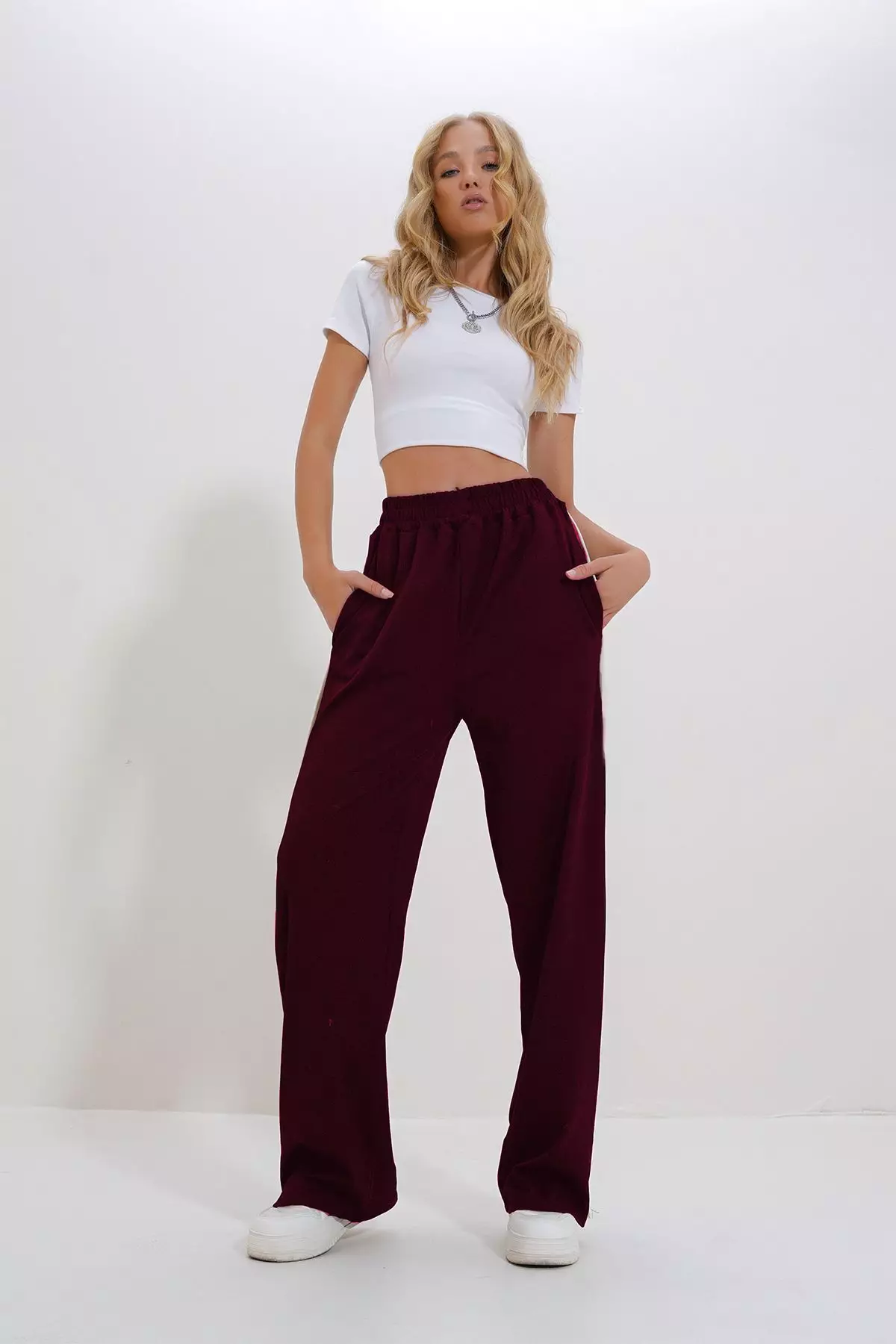 Women's Burgundy Double Pocket Elastic Side Stripe Wide Leg Pants