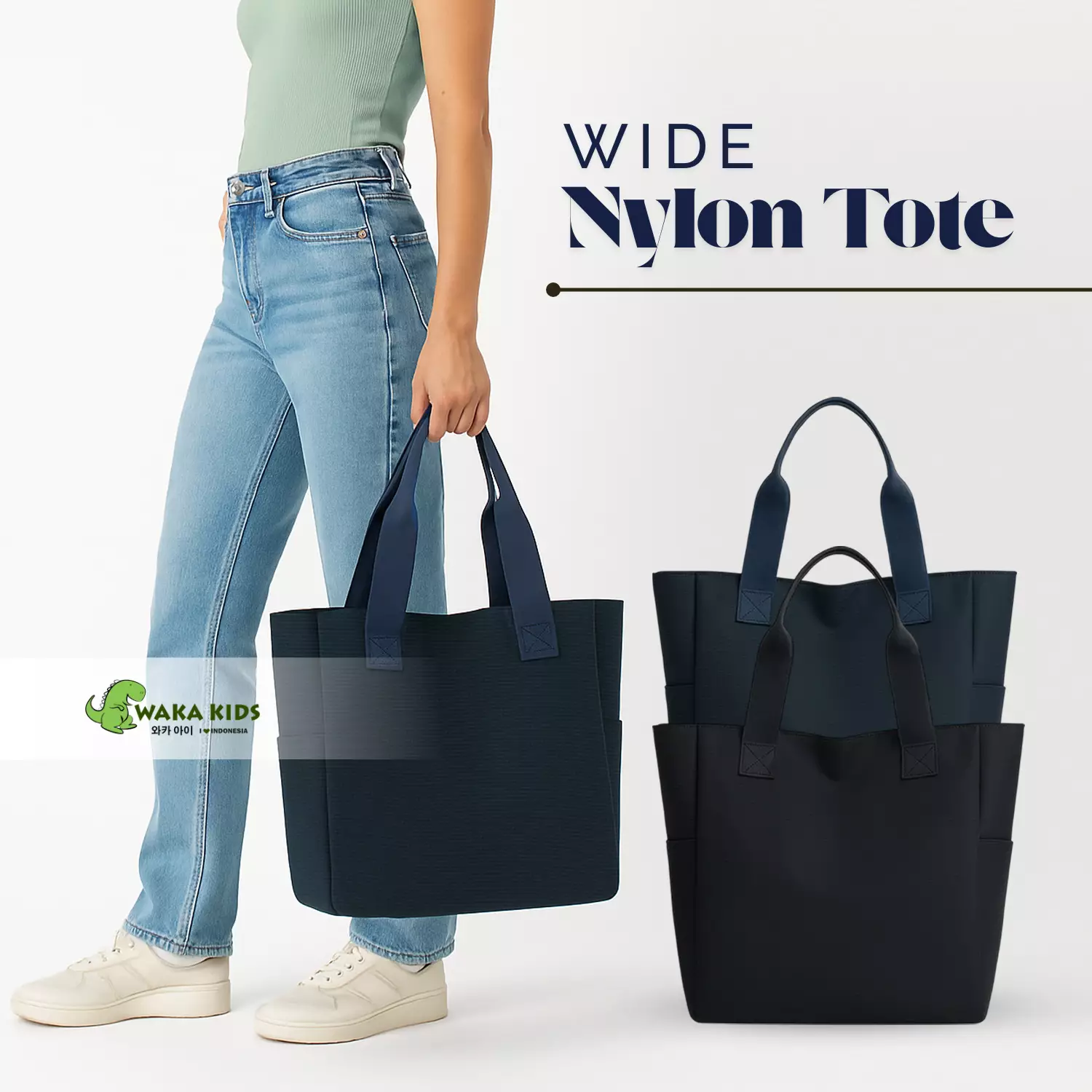 Wakakids Tas Bahu Totebag Polos Premium Nylon Tas Jinjing Wanita dan Pria Model Wide K330 Venjr Hitam