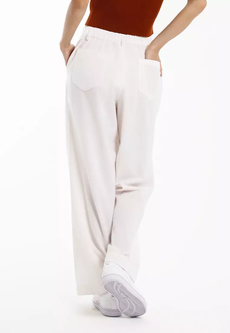 Forest Ladies Cotton Linen Blend Elastic Waisted Wide Leg Pants Women Long Pants - 810547-06OffWhite