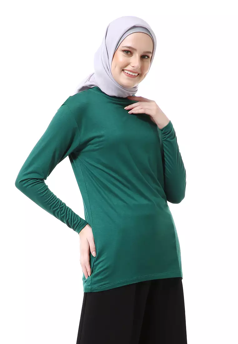 Zlora Manset Atasan Wanita Motif Polos Long Sleeve Reguler Fit - Hijau Botol