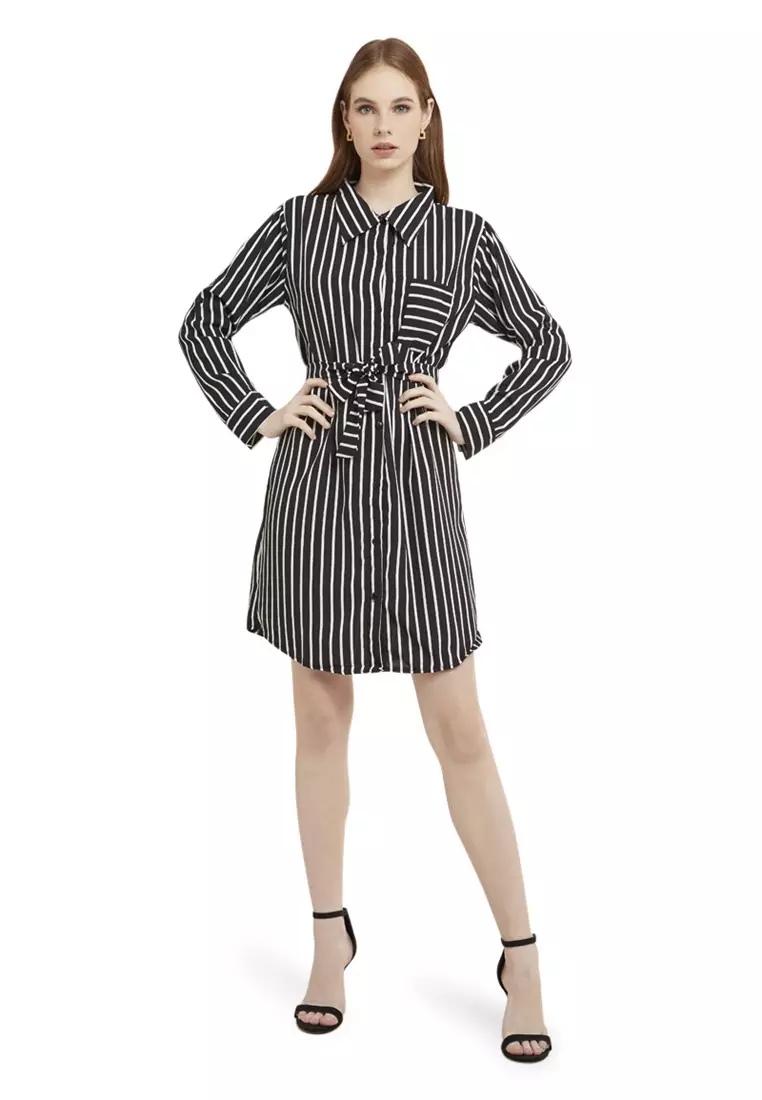 Mini Dress Salur Lengan Panjang Self Tie Belt Wanita - Black