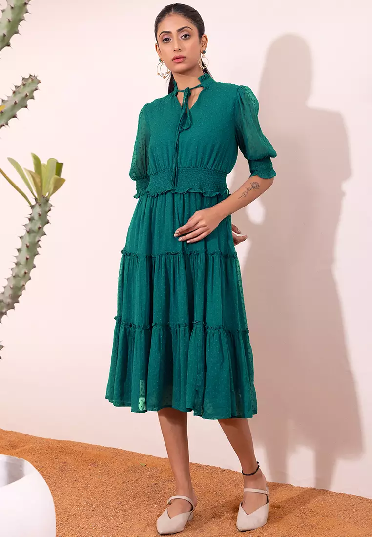 Teal Blue Tiered Midi Dress