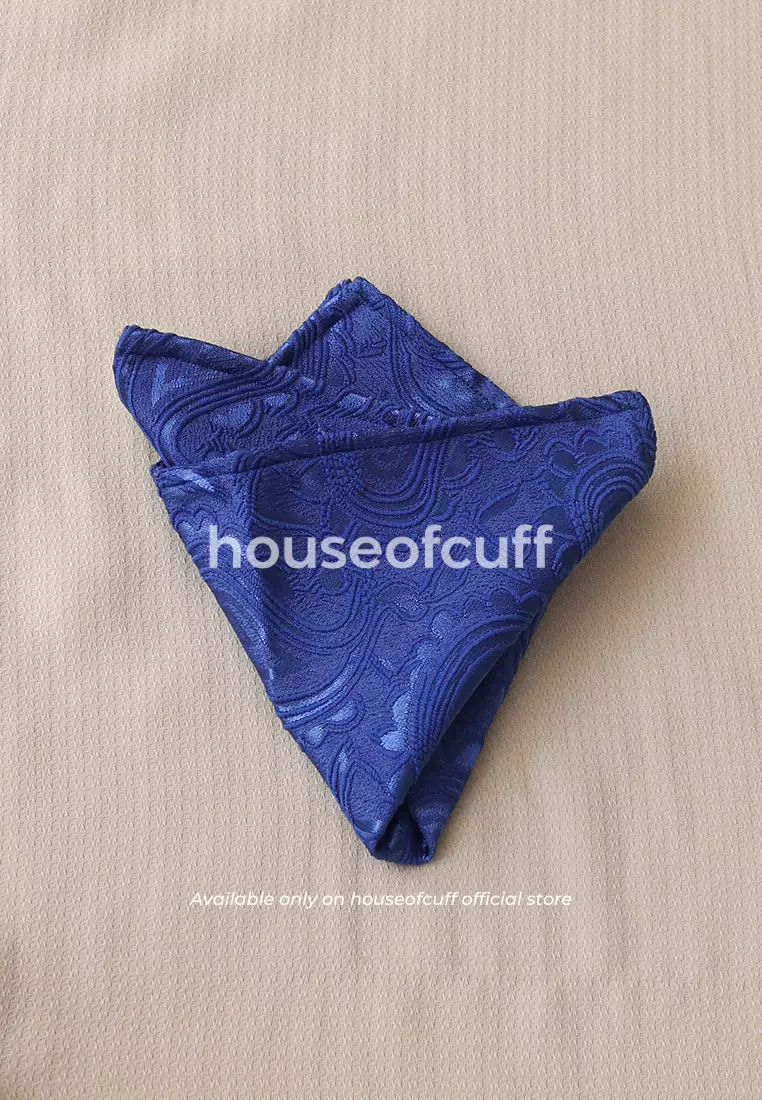 Houseofcuff dasi kupu pria bowtie pocket square jacquard biru motif