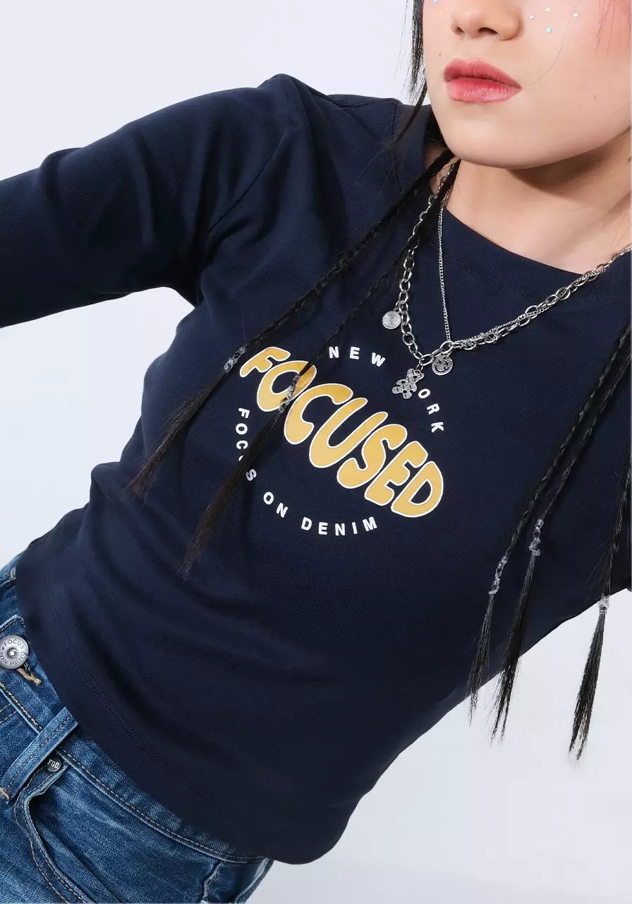 Kaos Baby Tee Wanita Lengan Panjang Round Dark Navy