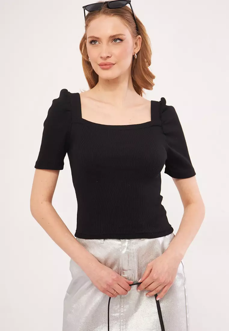 Square Neck Ribbed Blouse