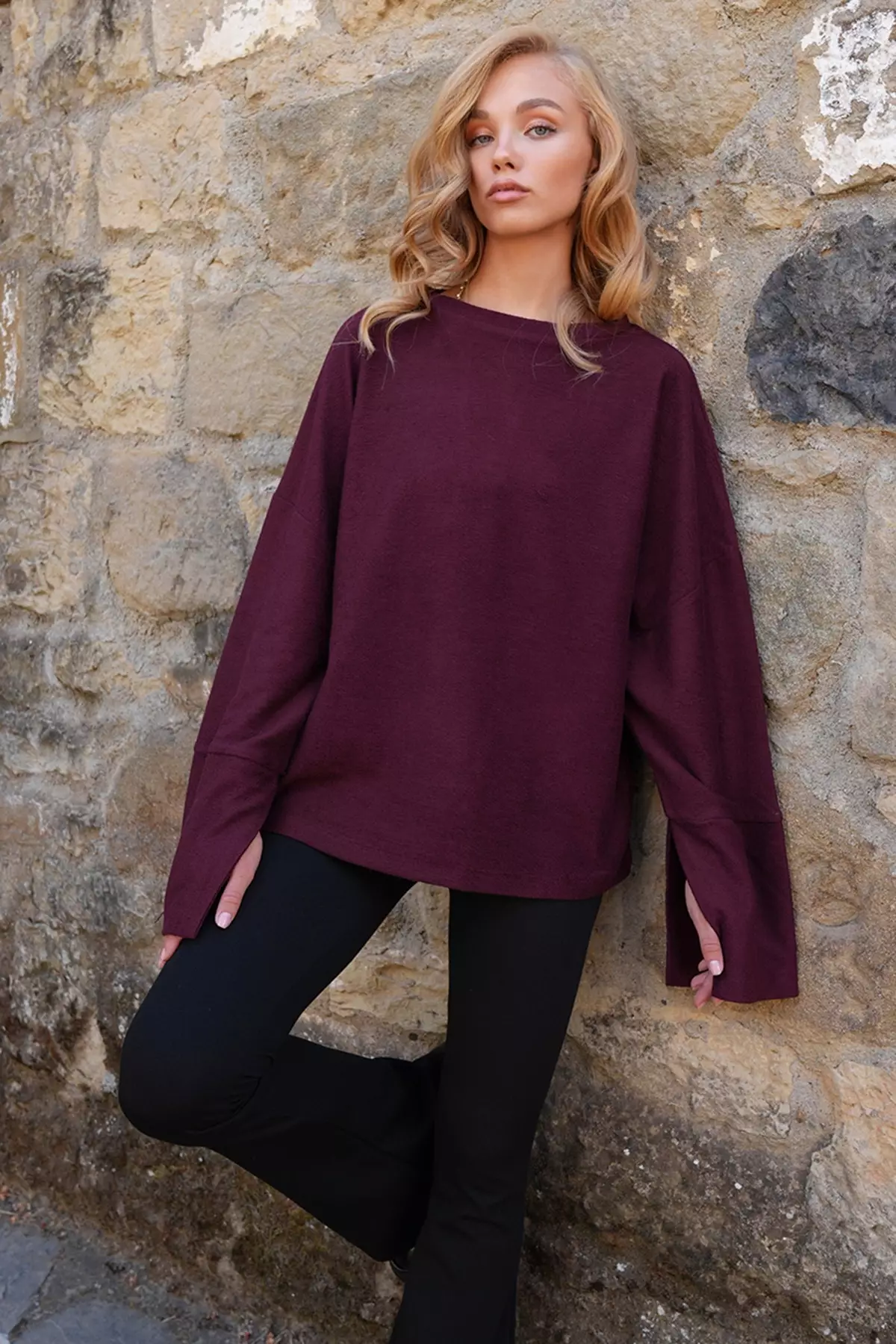 Women's Burgundy Stand Collar Batwing Sleeve Cuff Slit Wide Cut Blouse Alc-X14434