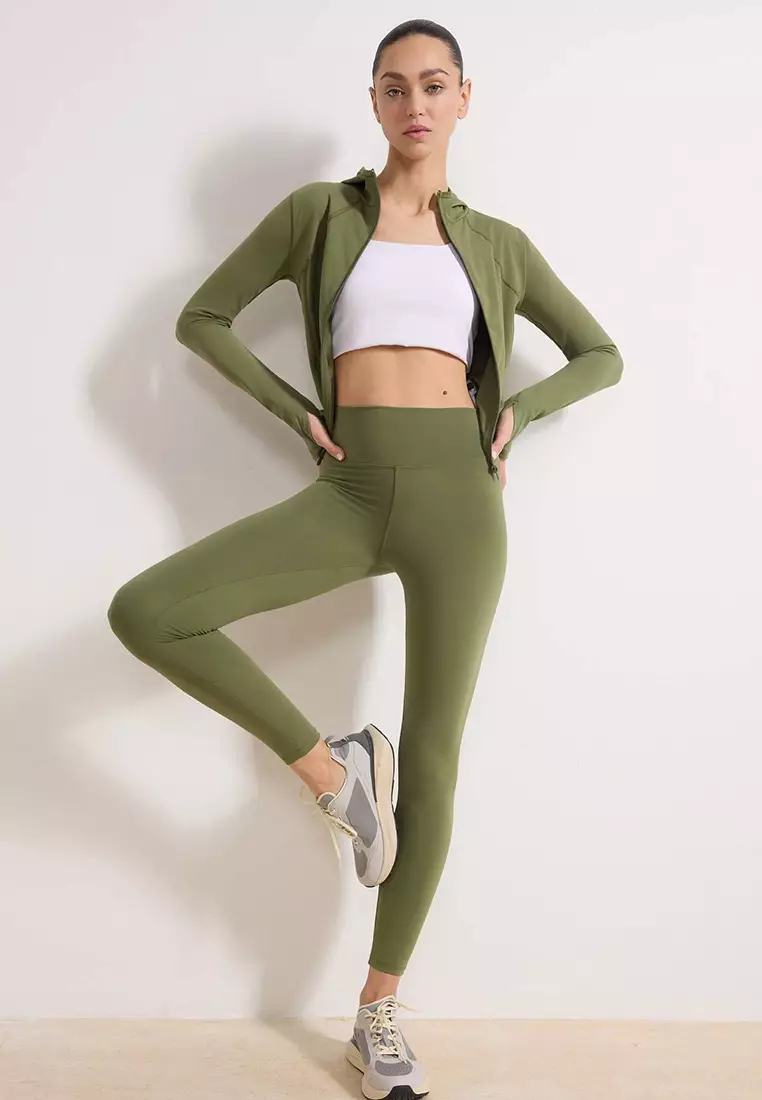 Light Khaki Soft Brushed Fabric Reflector Print Detailed Full Length Knitted Sports Leggings Thmaw25Ty2