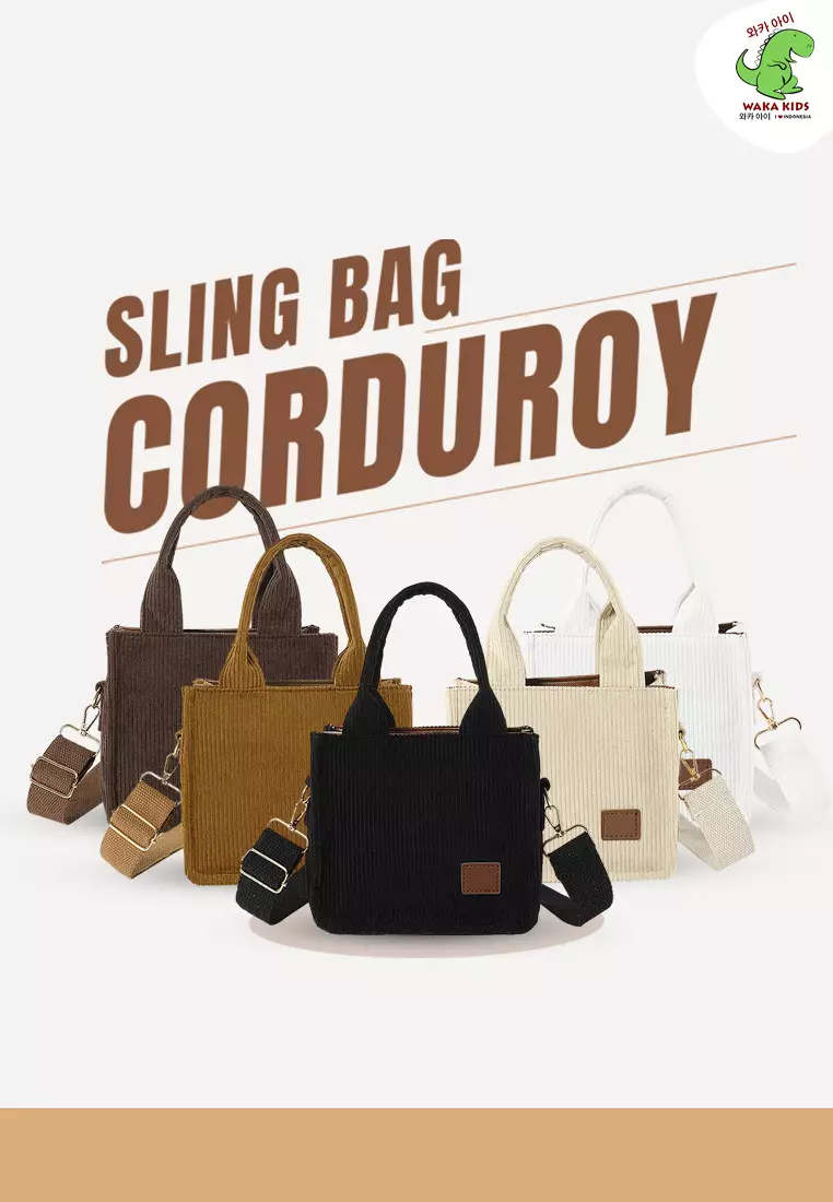 Wakakids Tas Selempang Wanita Sling Bag Kotak Corduroy Hand Bag Venrc Coklat Muda