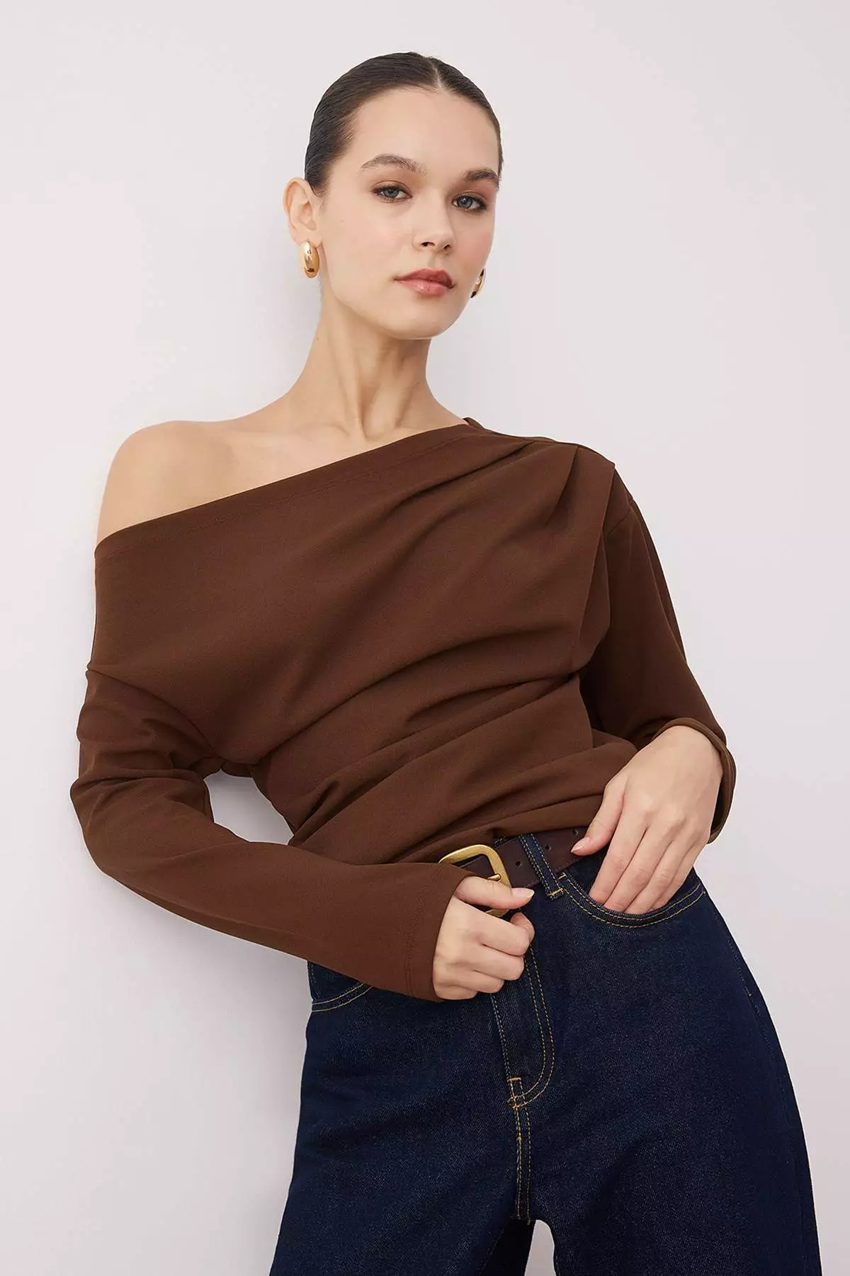 Dark Brown Shirring/Drape Detail Flowy Asymmetric Neckline Knitted Blouse Twoaw26Bz138