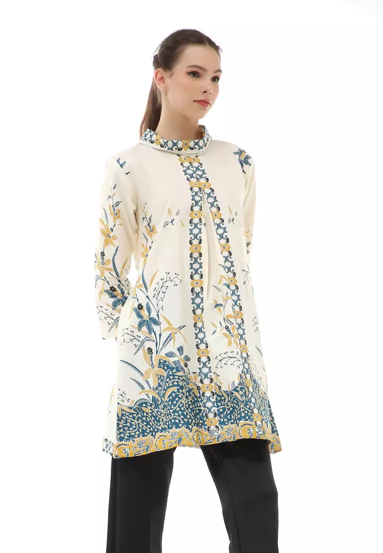 Olaf Atasan Batik Wanita Tunik Traditional Motive Elegant Design Material Cotton ORIGINAL - White Blue Green