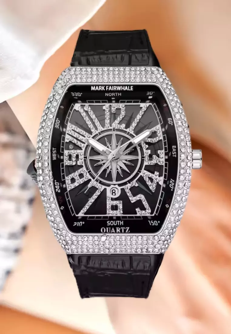 中性款酒桶形石英表，44毫米，黑色表盘，皮革表带