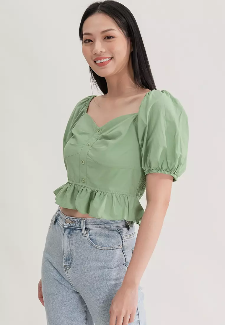 泡泡袖露腰短上衣