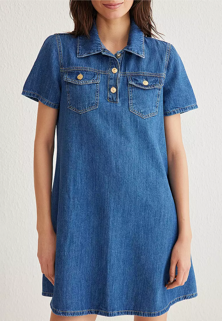 Pockets Detail Mini Denim Shirt Dress