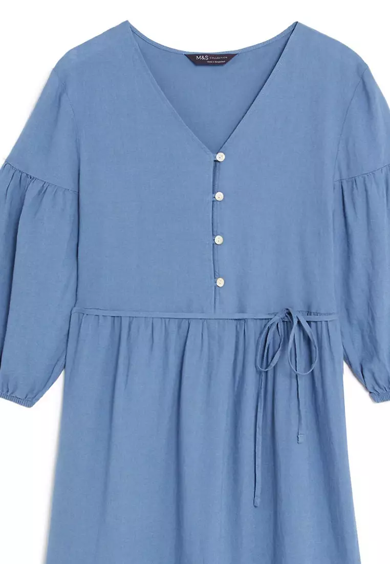 Linen Blend Vneck Midi Dress