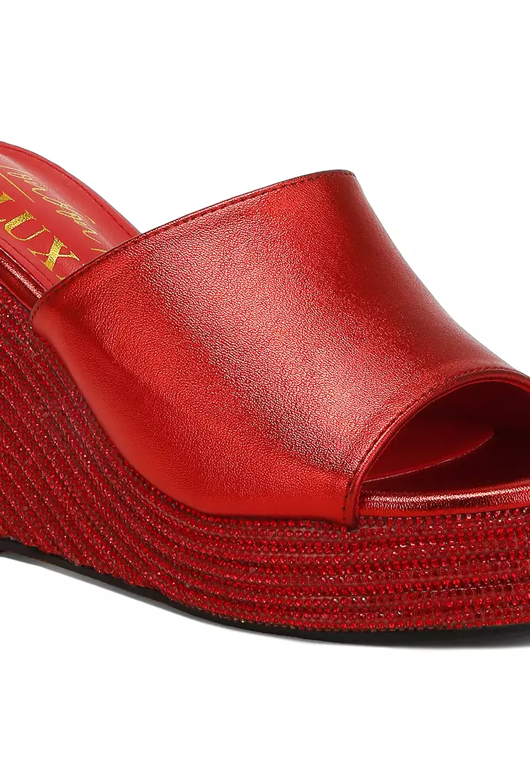 Sandal Peep Toe Hak Wedge berwarna Merah