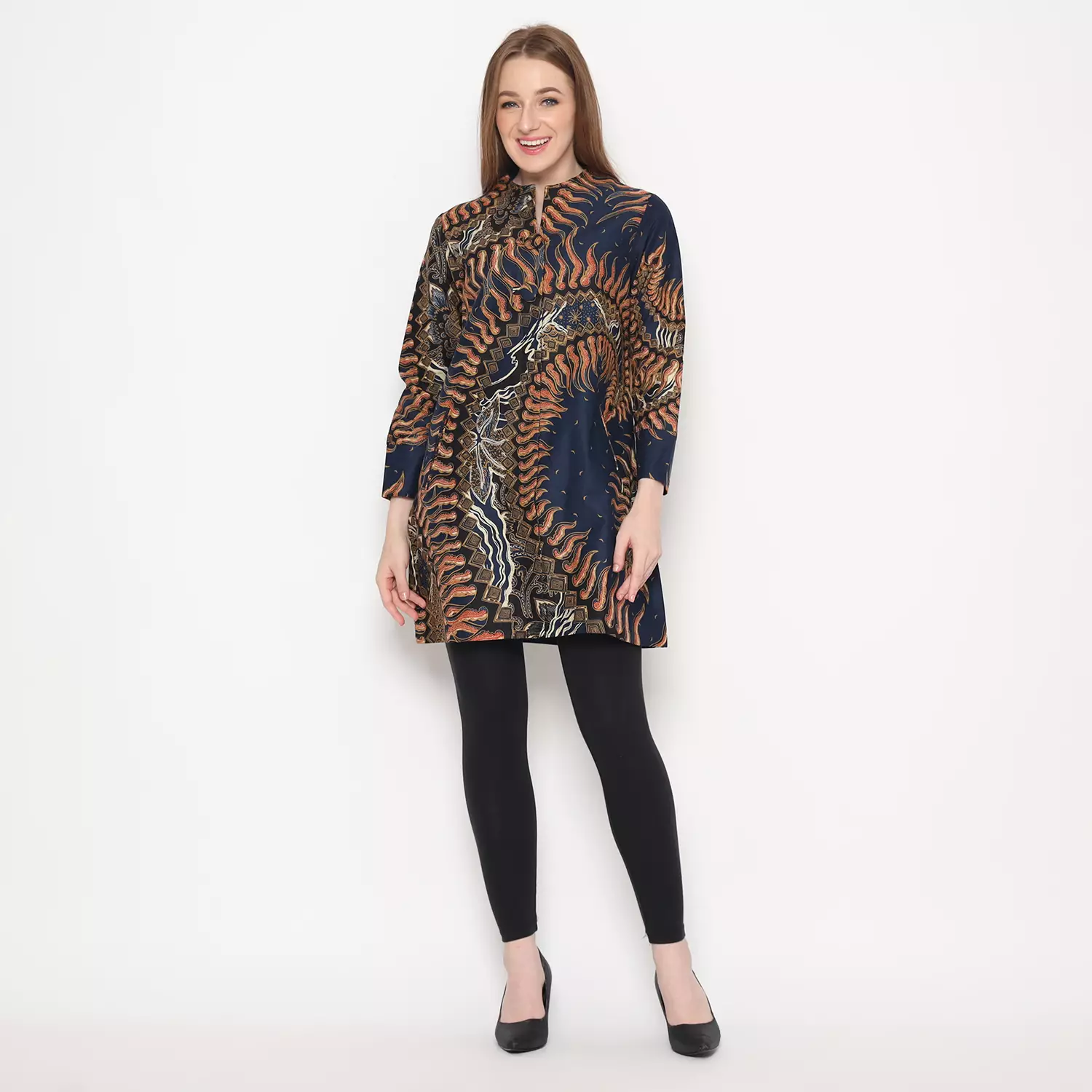 Tunik Batik Wanita Modern Tunik Kancing Lengan Panjang Warna Abu Motif Adhiyaksa
