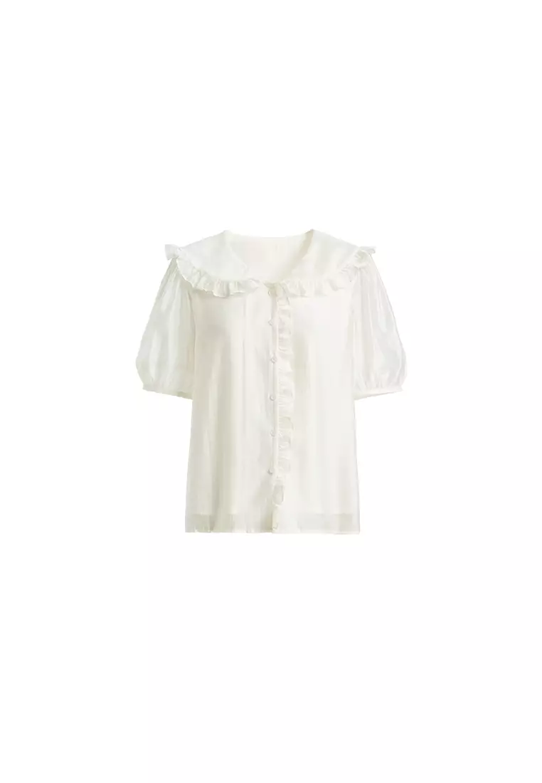 Short Sleeve Summer Blouse with Ruffled Collar