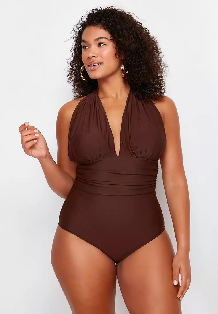 Brown Deep V Back Cross Waist Gather Detail Plus Size Swimsuit TBBSS23AM00000