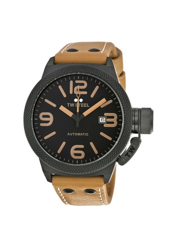 Canteen case Automatic 3 hands date - Black dial PVD Black coated case camel leather strap