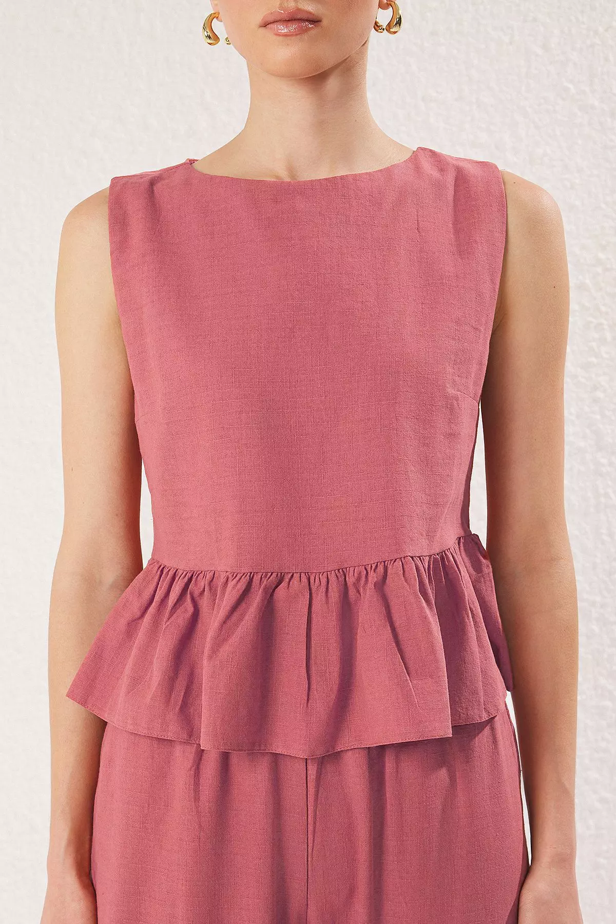 Pink Linen Look Crew Neck Blouse and Trousers Woven Double Bottom-Top Set TWOSS25AU00081