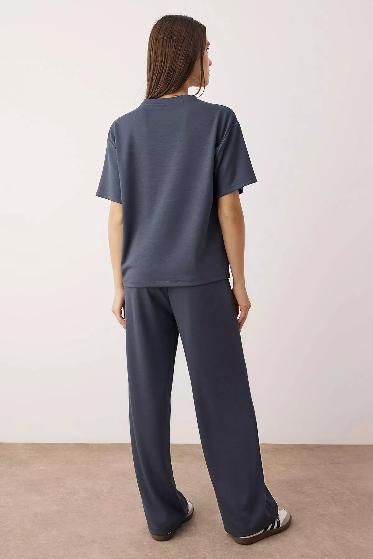 Anthracite Short Sleeve Crew Neck Relaxed/Comfortable Fit Flexible Knitted Bottom - Top Set Twoaw26Au84