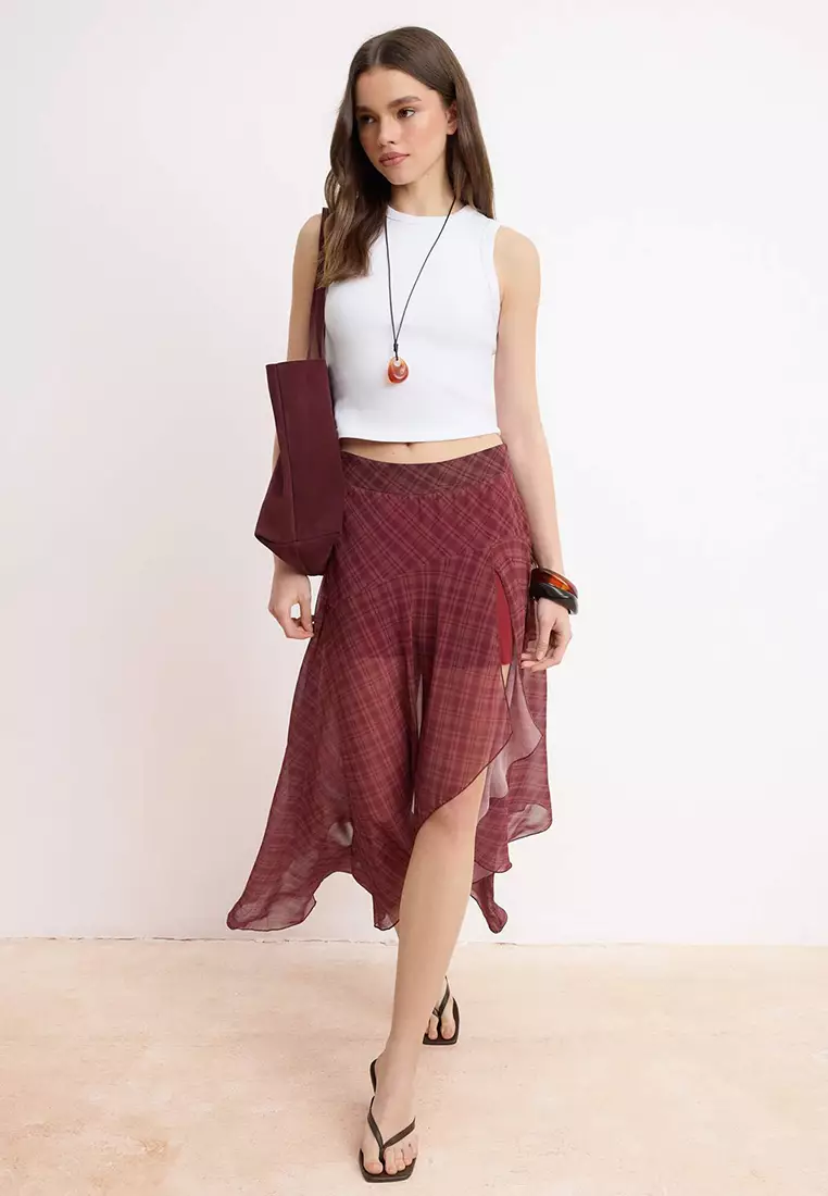 Burgundy Chiffon Plaid Asymmetrical Mini Skirt Twoss26Et161