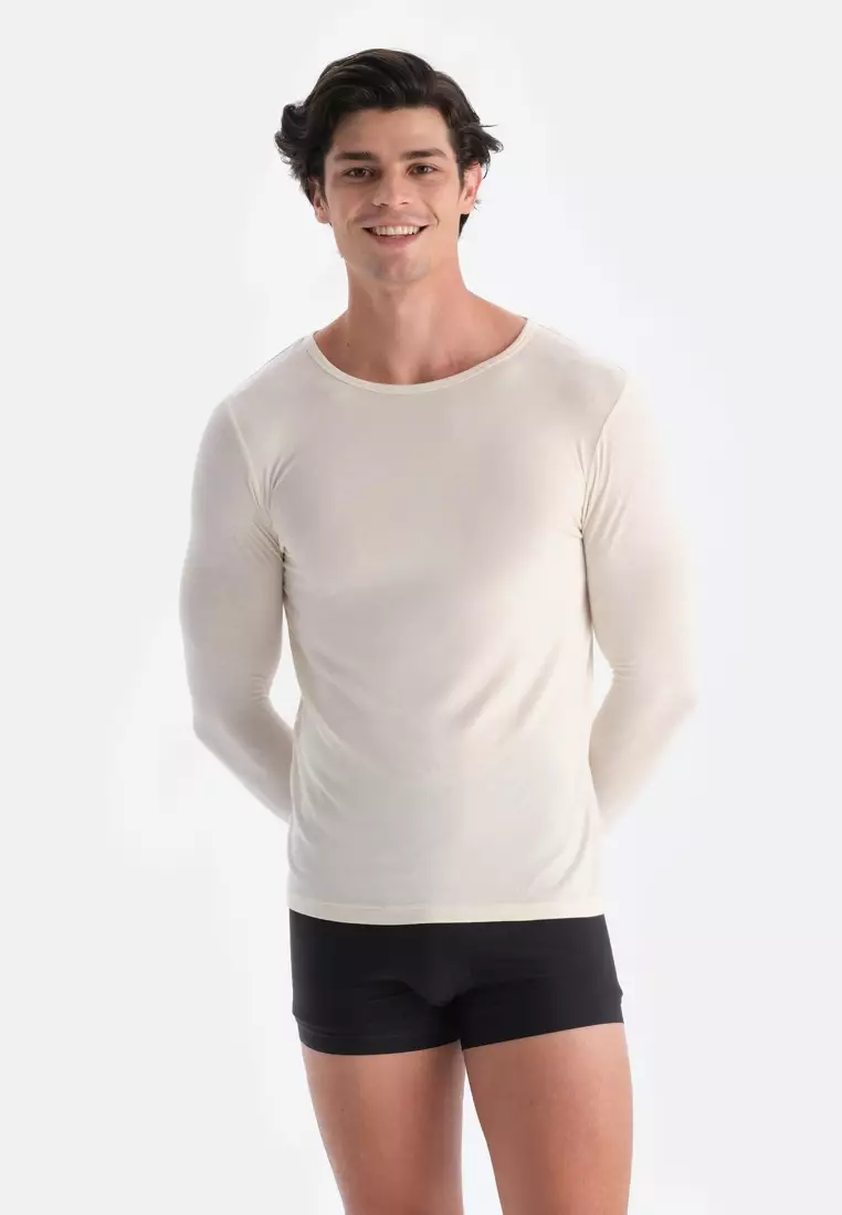 Ecru Basic Undershirt, Crew Neck, Regular Fit, Long Sleeve Underwear for Men