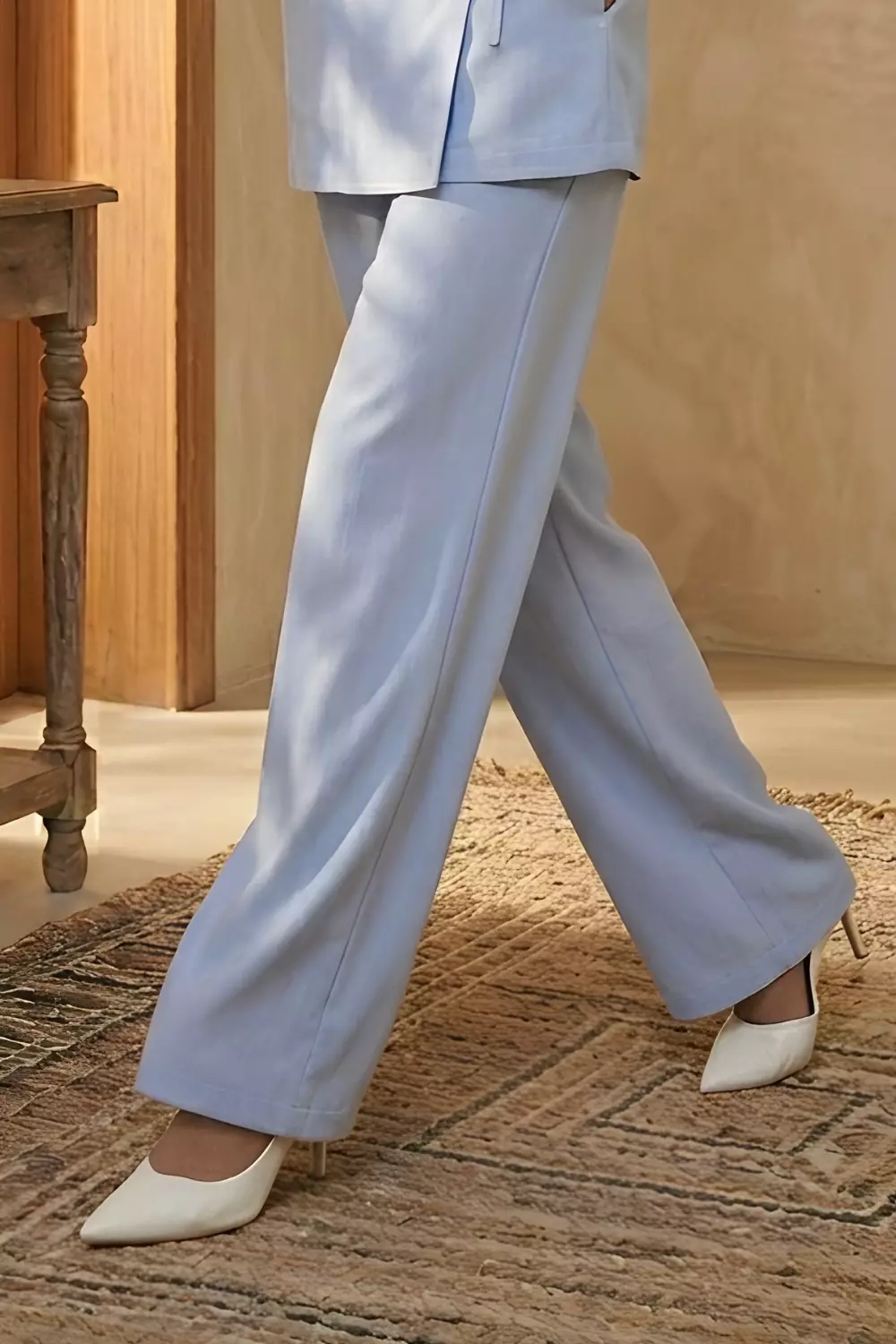 Essentials Linen Travel Set - Kimono Blazer Shirt with Straight Pants Blue (One Set Shirt & Pants)