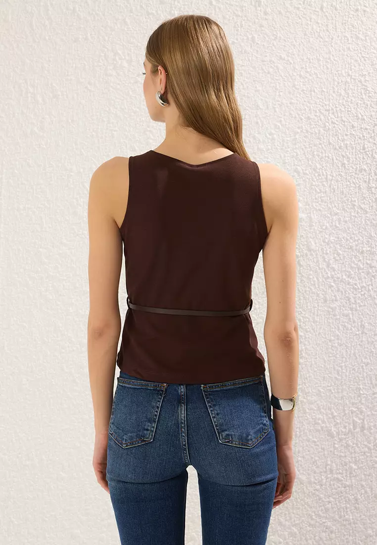 Brown Belted Fitted/Body Fitted Knitted Blouse TWOSS25BZ00022