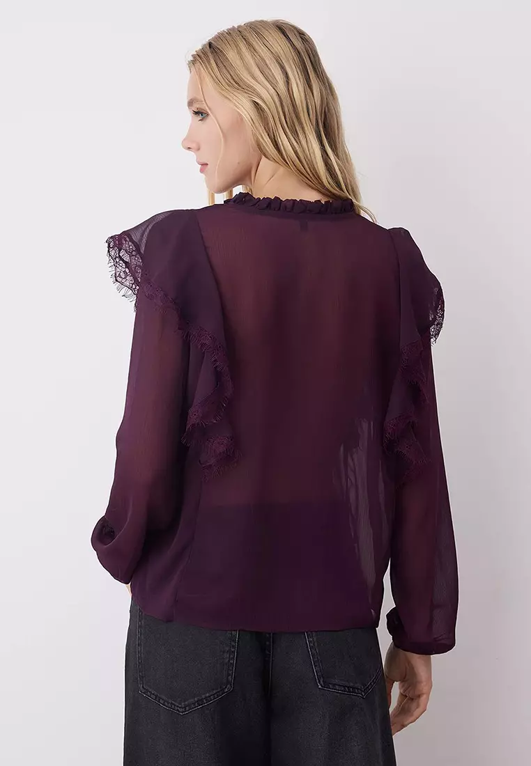 Plum Chiffon Transparent Lace Detailed Woven Blouse Twoaw26Bz00182