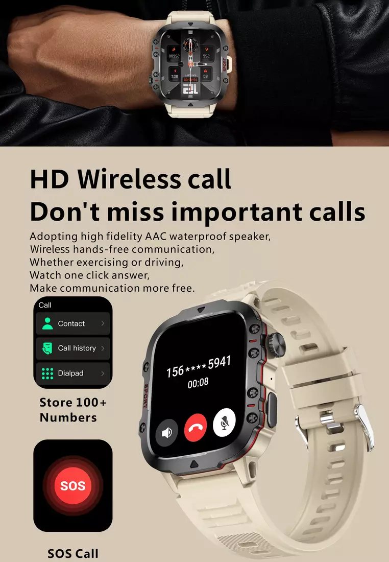 Unisex Smart Watch - Bluetooth Call - 1.96 Inch HD Screen 240x282 - Android/IOS - 3ATM Waterproof - Blood Pressure Monitoring - Rubber Strap