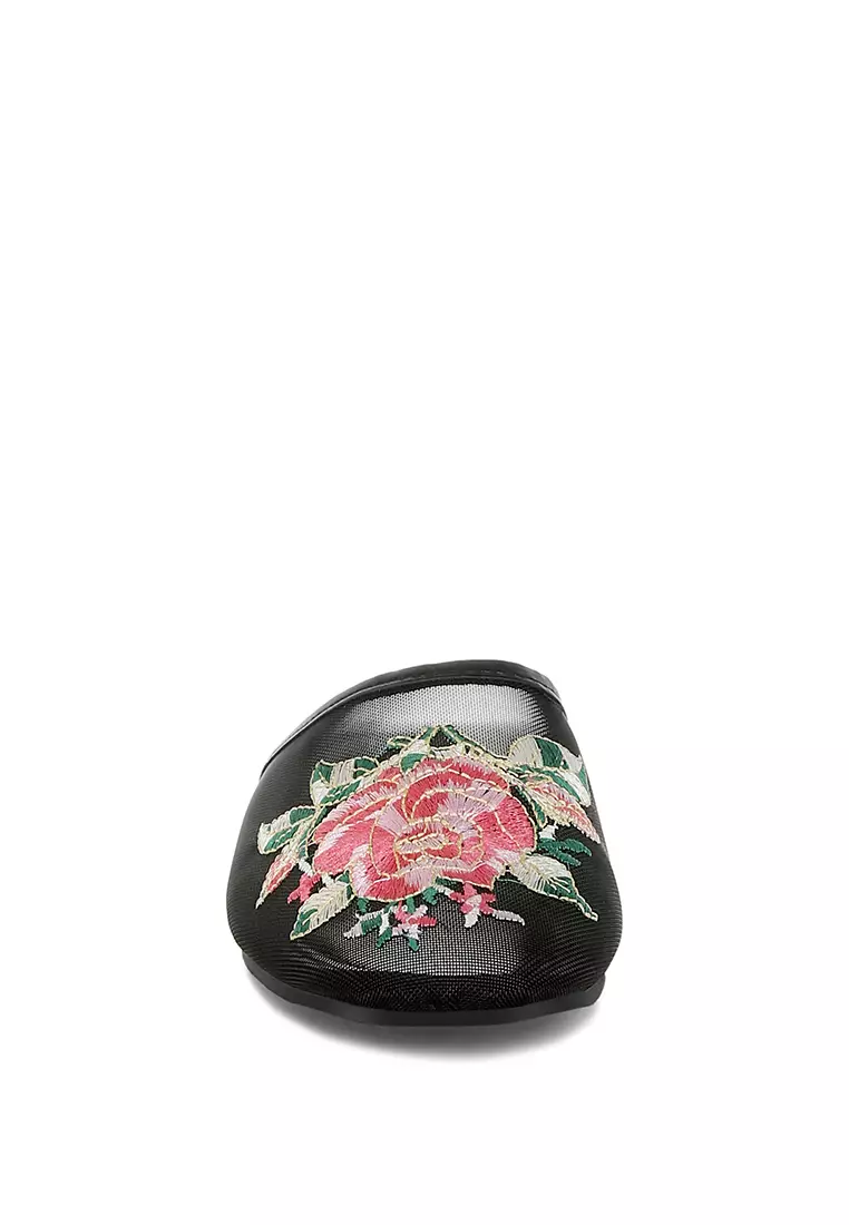 Floral Embroidered Mesh Mules in Black