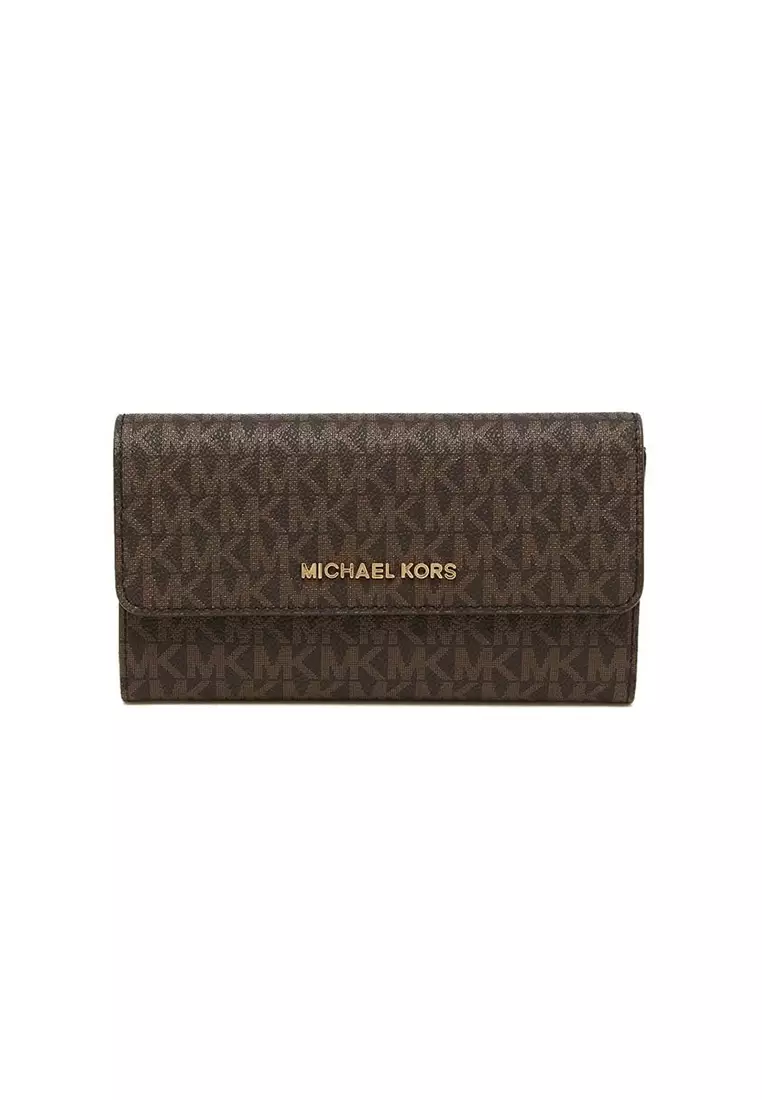 Michael Kors Jet Set Travel Large Trifold Wallet In Signature Coated Canvas Brown