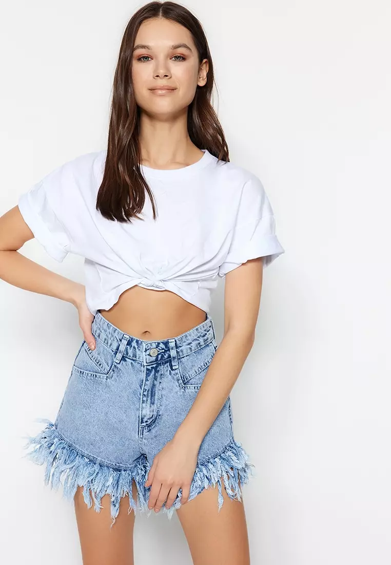 Trendyol Tasseled Denim Shorts ZALORA