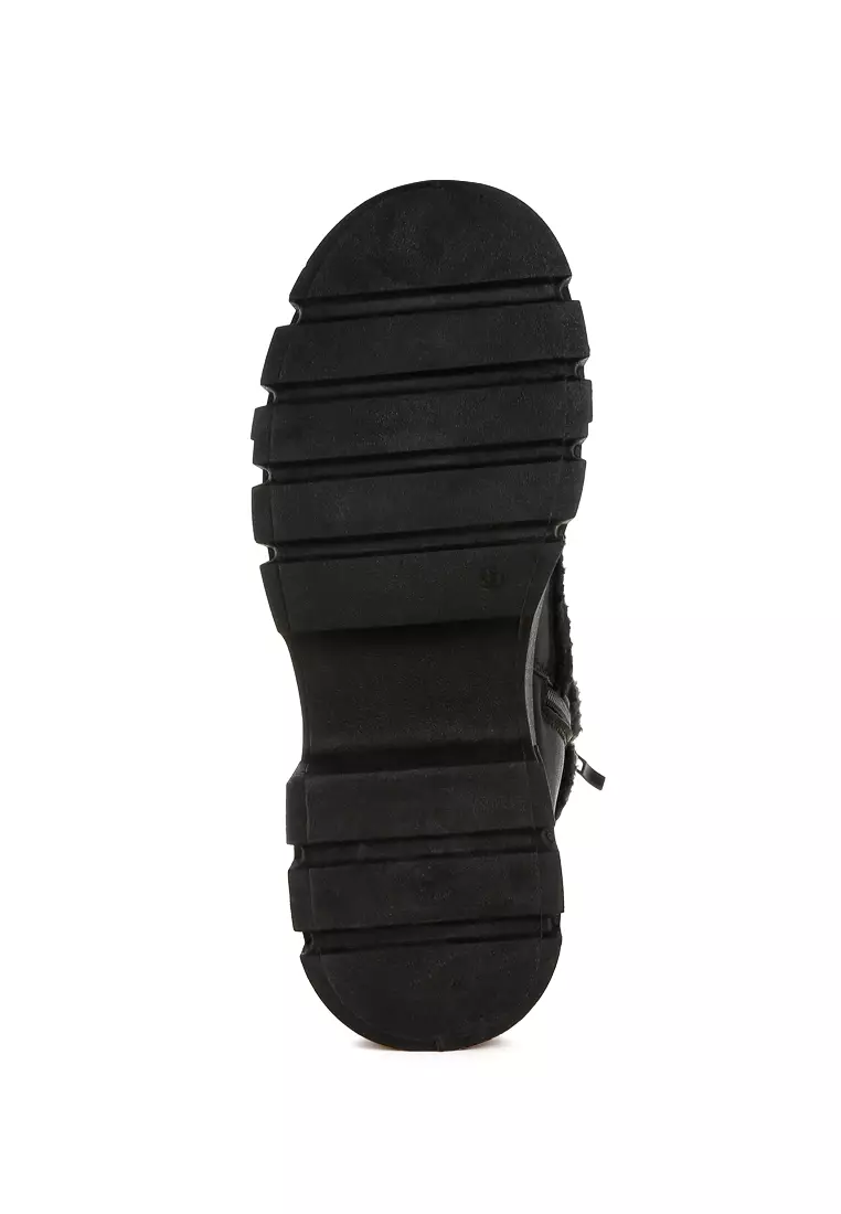 Faux Fur Detail Chunky Hiker Boots in Black